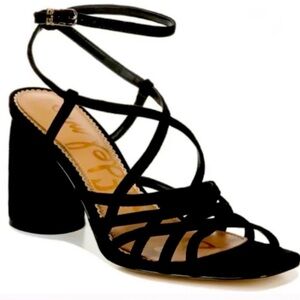 Sam Edelman Daffodil black suede leather strappy block heel sandal.